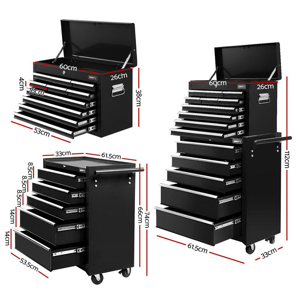 Giantz 15 Drawers Tool Chest Trolley Toolbox 2-in-1 Storage Black