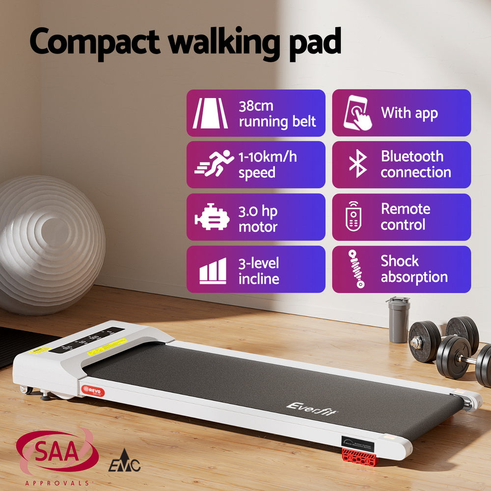 Everfit Treadmill Electric Walking Pad Incline Under Desk Home Gym 380mm White