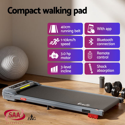 Everfit Treadmill Electric Walking Pad with Incline Under Desk Home Gym Grey