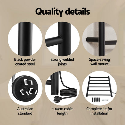 Devanti Heated Towel Rail 6 Round Bars  with Timer Electric Heater Warmer Rack