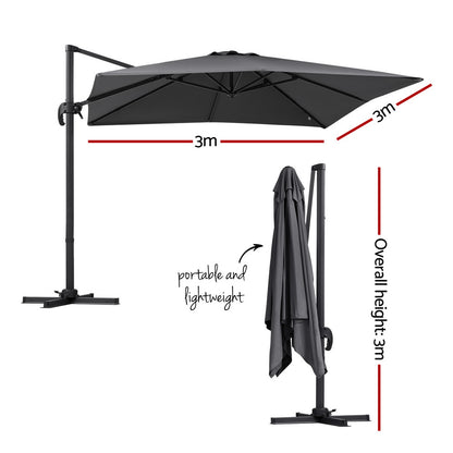 Instahut Outdoor Umbrella 3m Umbrellas Cantilever Stand Sun Roma 360 Degree Charcoal