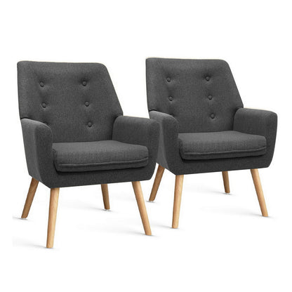 Charcoal fabric armchairs set with tufted back, rolled arms, and wooden legs