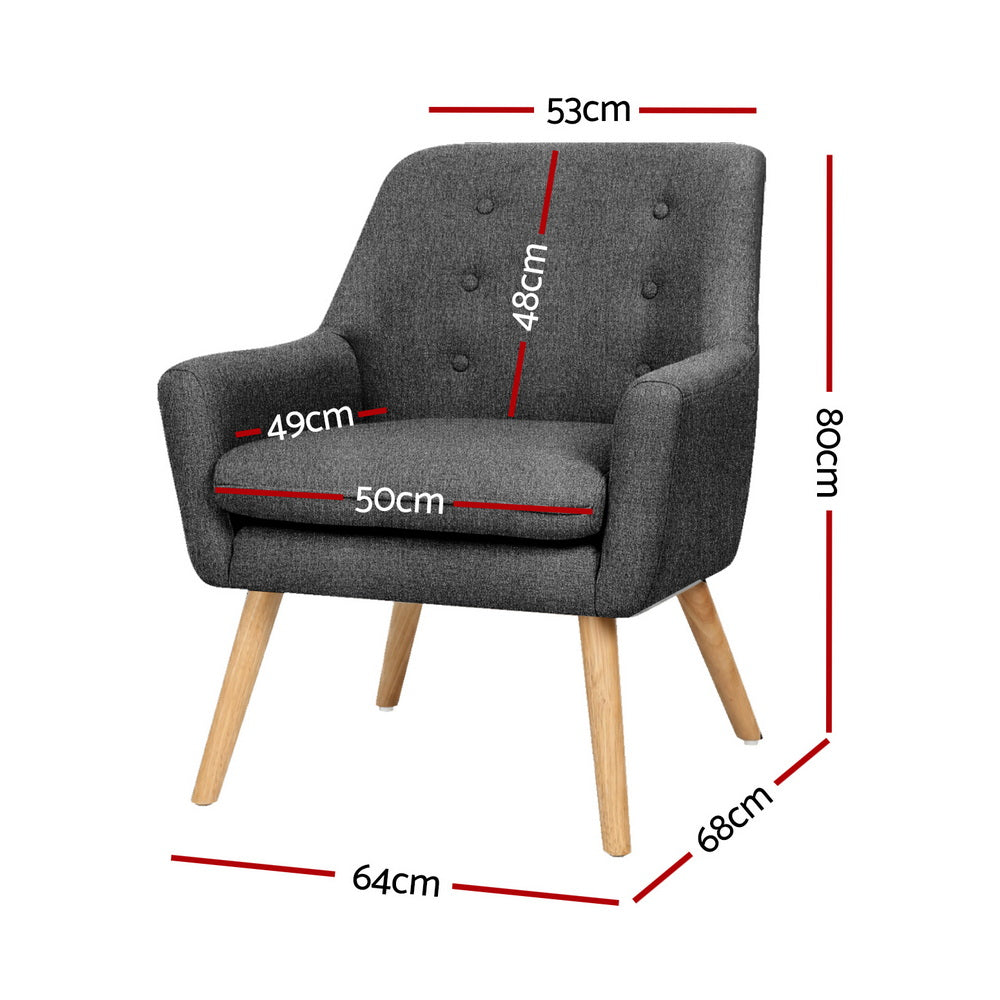 Charcoal upholstered armchair with tufted back, rolled arms, and wooden legs