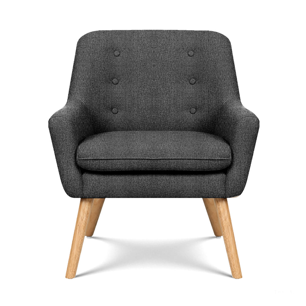 Charcoal upholstered armchair with button-tufted back, rounded arms, and wooden legs