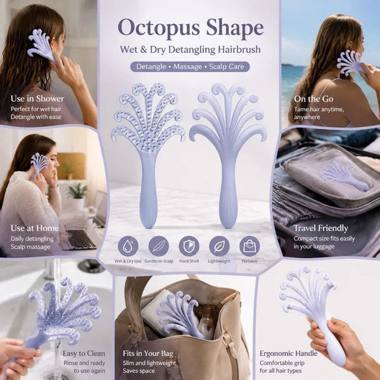 Light purple octopus scalp massage brush with soft tentacle bristles for wet or dry use