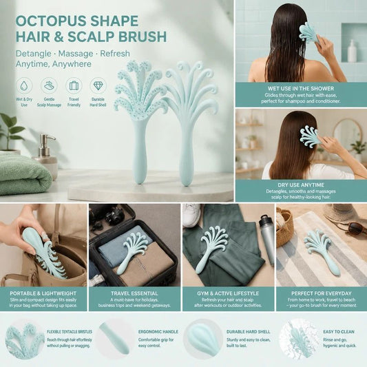 Light blue octopus-shaped scalp massage brush with flexible bristles