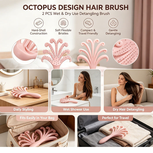 Light pink octopus scalp massage hair brush, wet/dry detangling, 2-pack