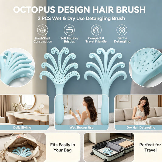 Light blue octopus hair brush with soft flexible tentacle bristles, round brush head