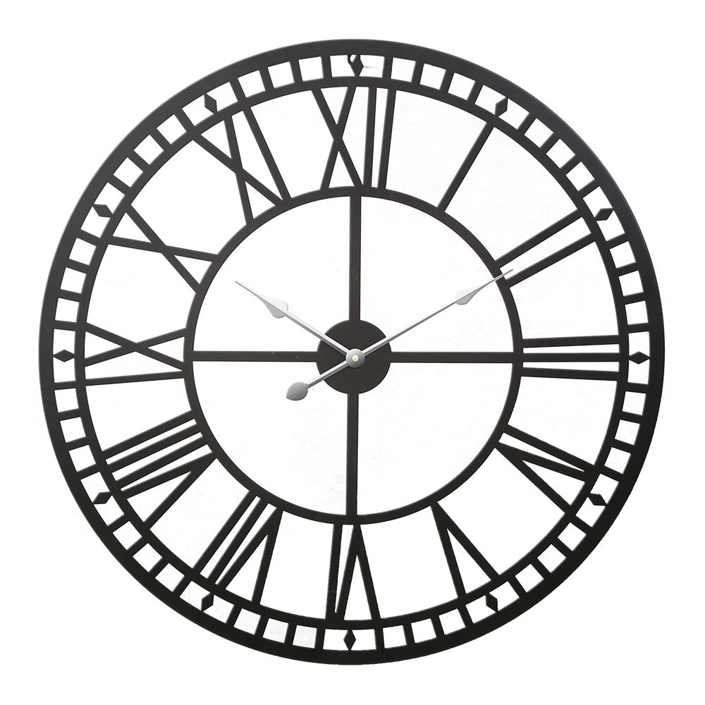 Black metal wall clock with Roman numeral rim, white dial, centered hands