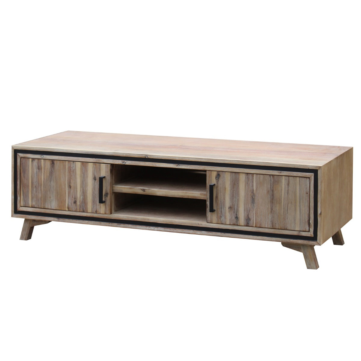 TV Cabinet with 2 Storage Drawers Cabinet Solid Acacia Wooden Entertainment Unit in Sliver Bruch Colour