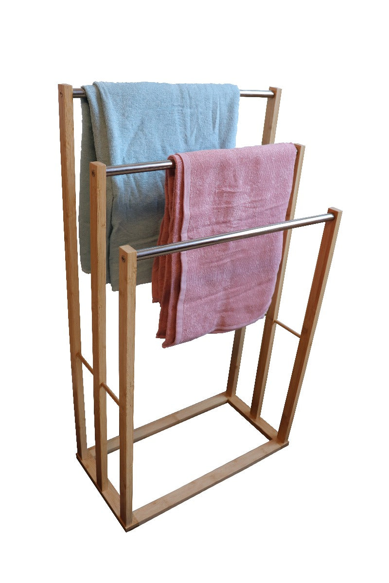 Bamboo Towel Bar Metal Holder Rack 3-Tier Freestanding for Bathroom and Bedroom