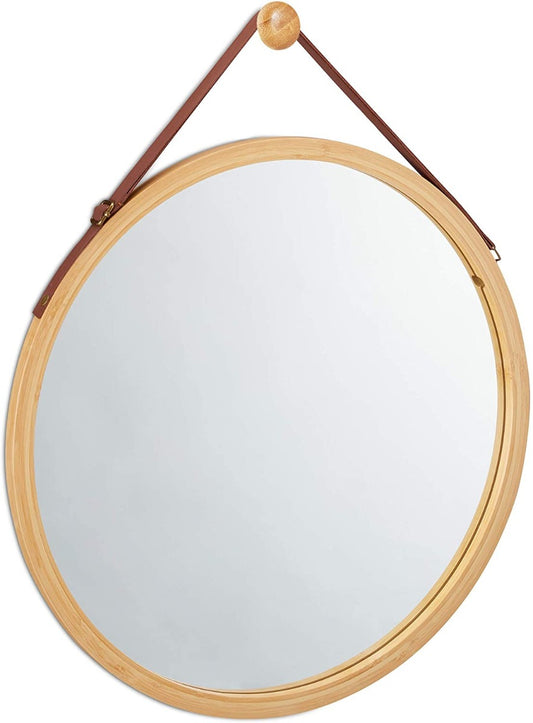 Hanging Round Wall Mirror 38 cm - Solid Bamboo Frame and Adjustable Leather Strap for Bathroom and Bedroom