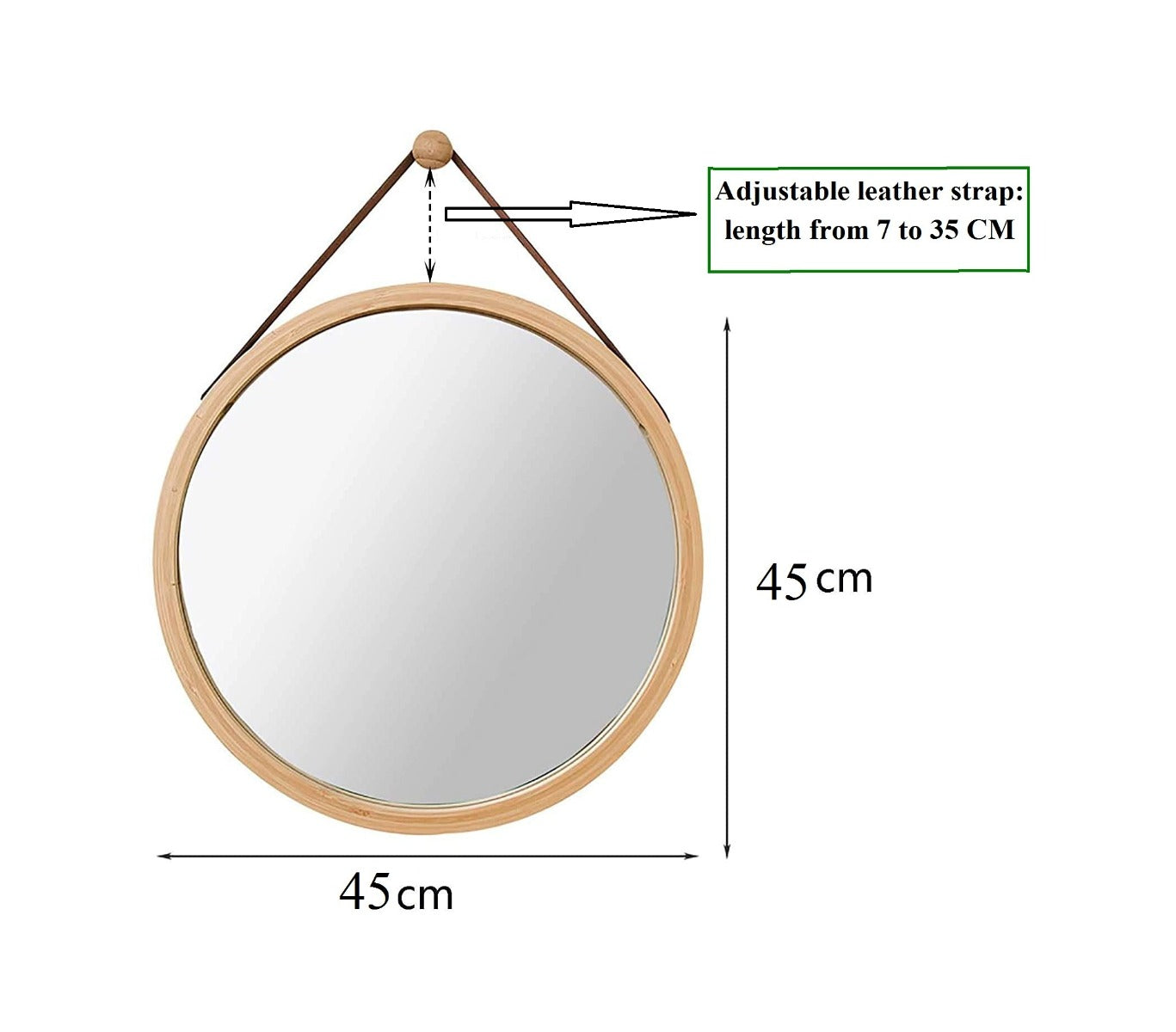 Hanging Round Wall Mirror 45 cm - Solid Bamboo Frame and Adjustable Leather Strap for Bathroom and Bedroom