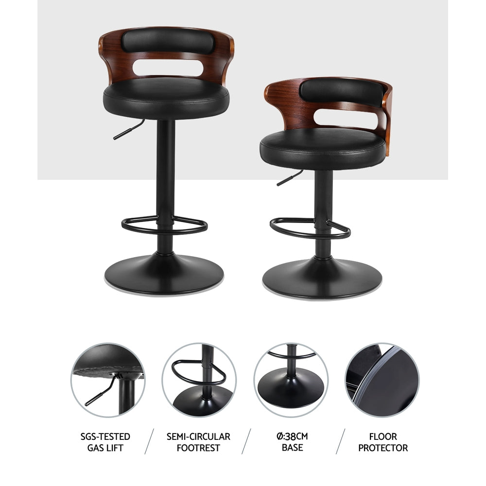 Artiss Set of 2 Bar Stools Kitchen Wooden Gas Lift Leather Stool Metal Black Barstools