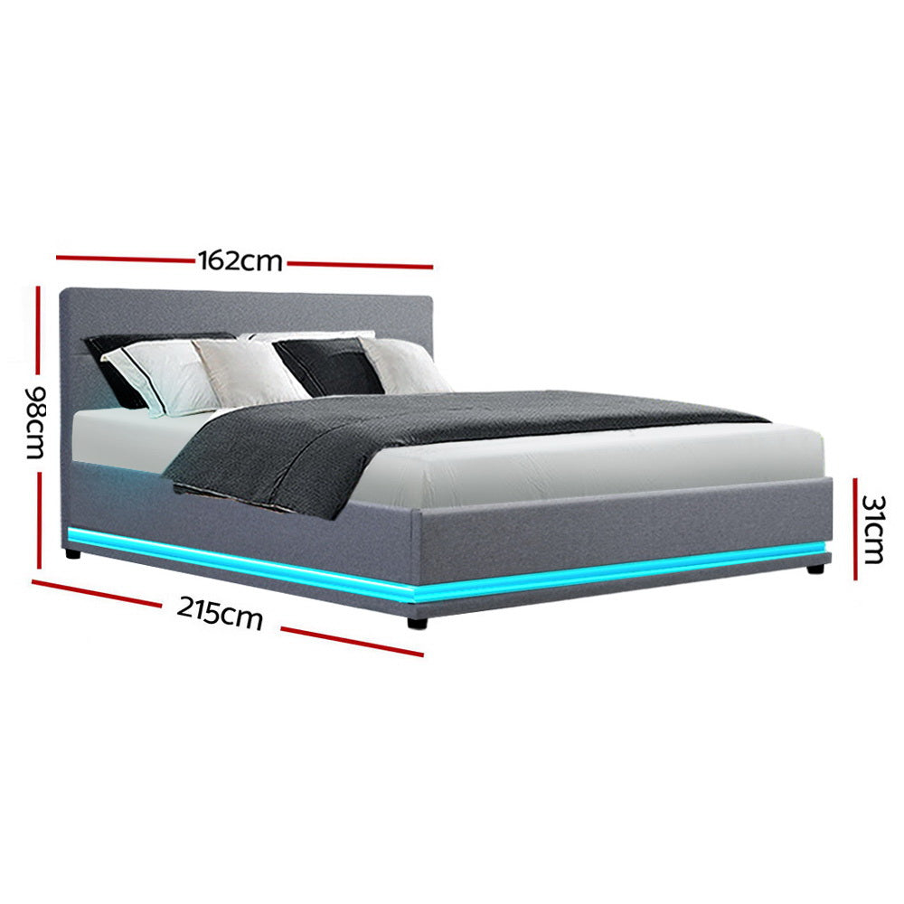 Artiss Lumi LED Bed Frame Fabric Gas Lift Storage - Grey Queen