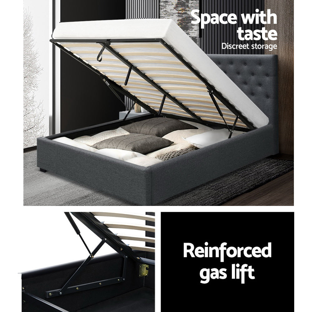 Artiss Vila Bed Frame Fabric Gas Lift Storage - Charcoal Queen