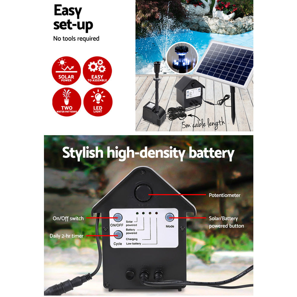 Gardeon Solar Pond Pump Battery Powered Outdoor LED Light Submersible Filter