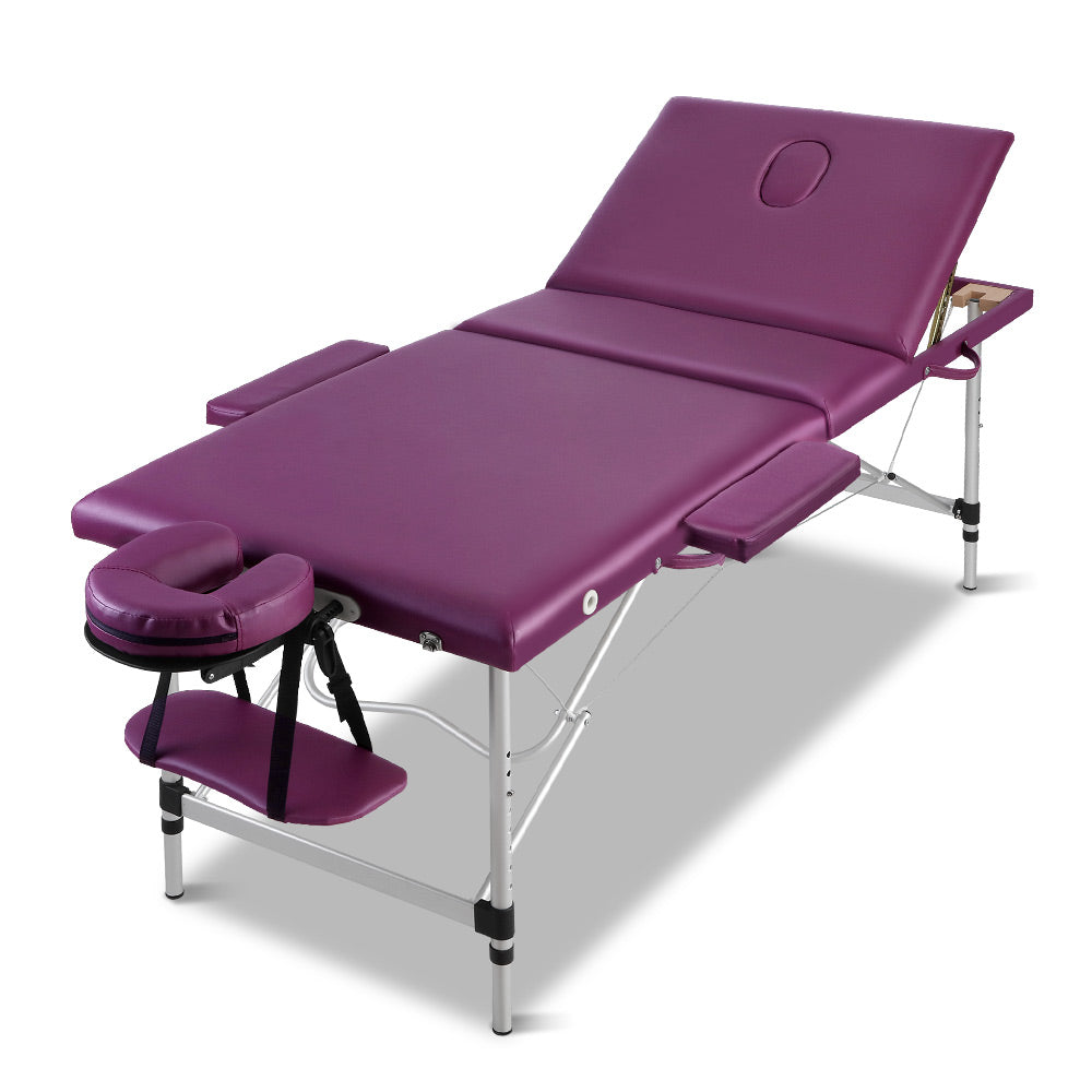 Zenses 3 Fold Portable Aluminium Massage Table Massage Bed Beauty Therapy Purple 75cm