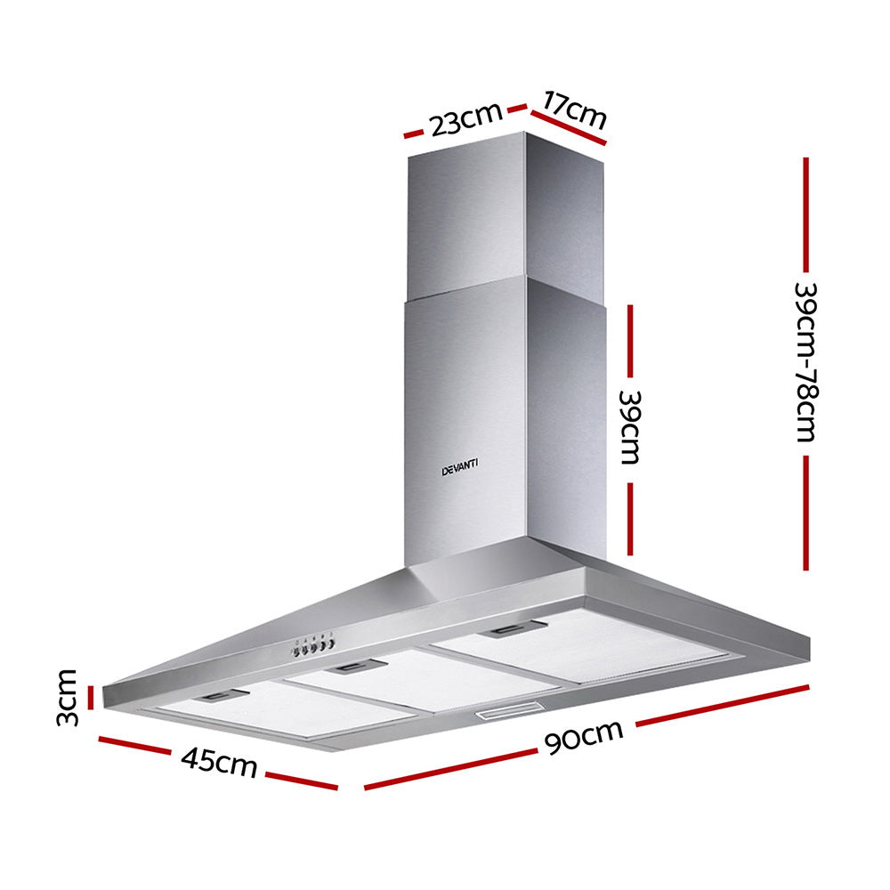 Devanti Range Hood 90cm 900mm Kitchen Canopy Stainless Steel Rangehood Wall Mount