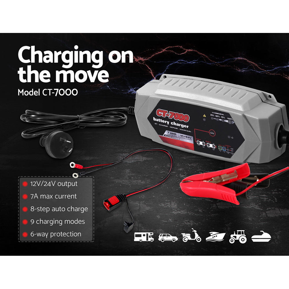 Smart Battery Charger 7A 12V 24V Automatic SLA AGM Car Truck Boat Motorcycle Caravan