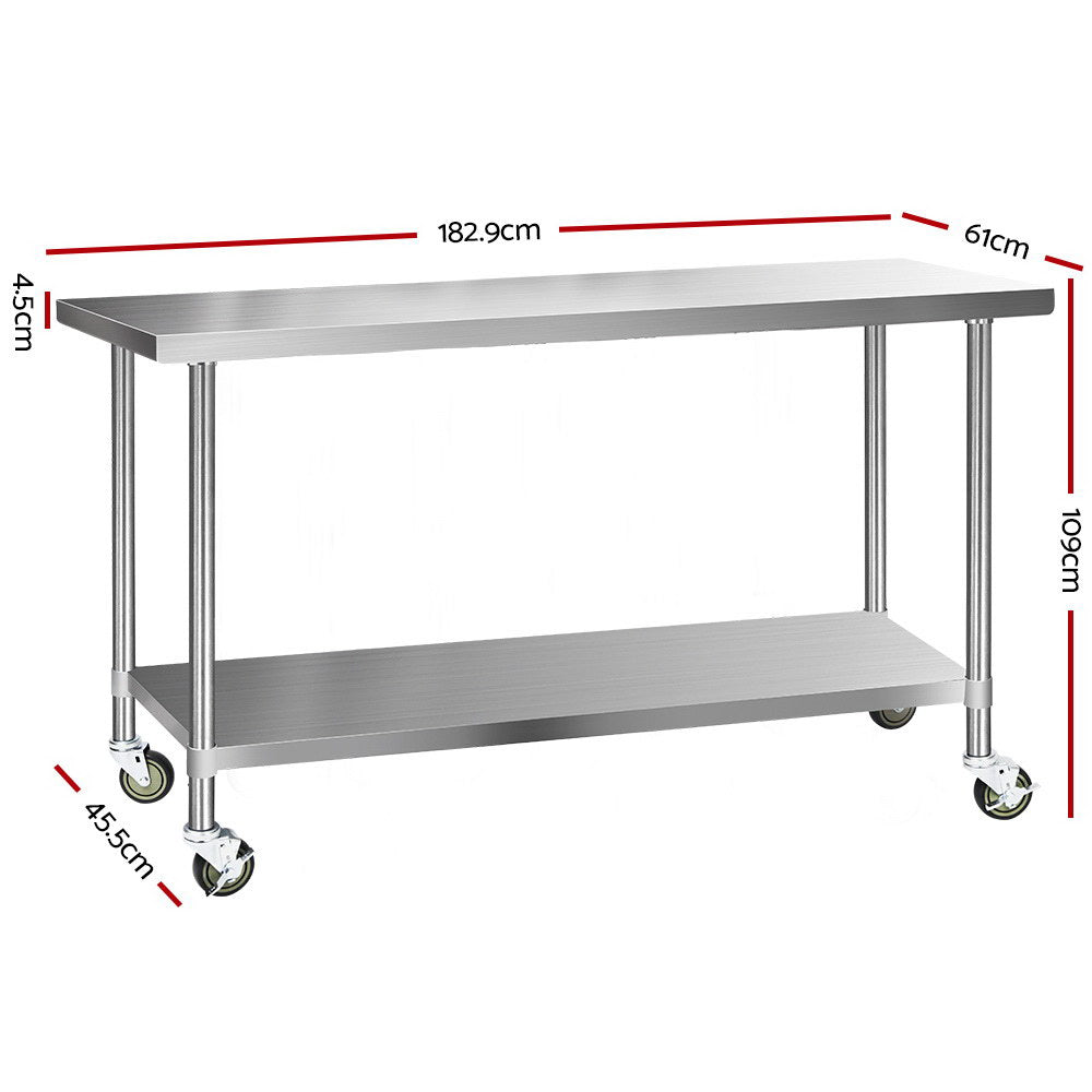 Cefito 430 Stainless Steel Kitchen Benches Work Bench Food Prep Table with Wheels 1829MM x 610MM