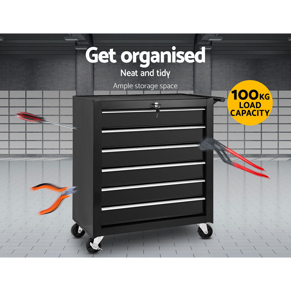 Giantz Tool Box Trolley Chest Cabinet 6 Drawers Cart Garage Toolbox Set Black