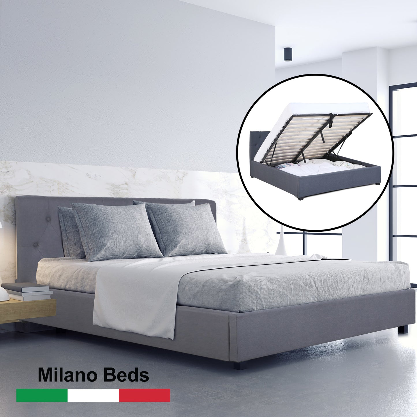 Milano Capri Luxury Gas Lift Bed Frame Base And Headboard With Storage - Single - Charcoal