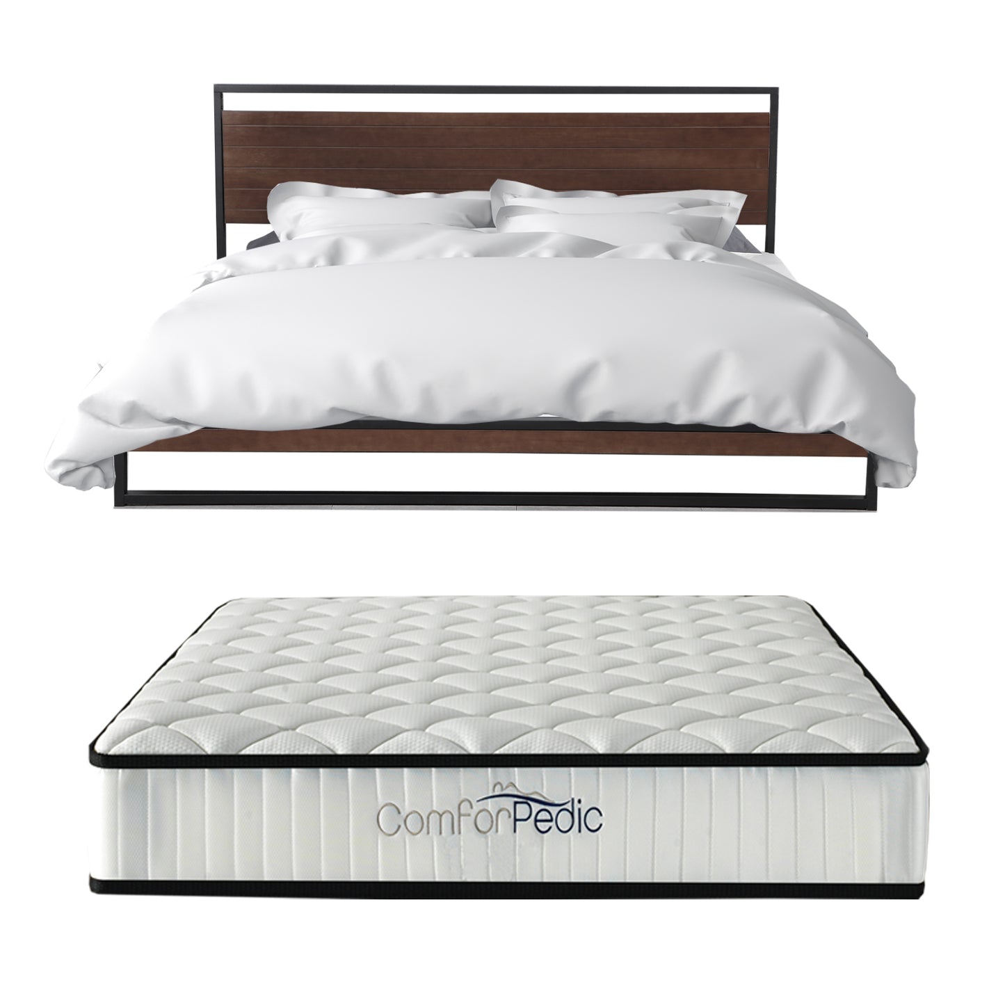 Azure Wood Bed Frame With Comforpedic Mattress Package Deal Bedroom Set - Queen - White  Brown