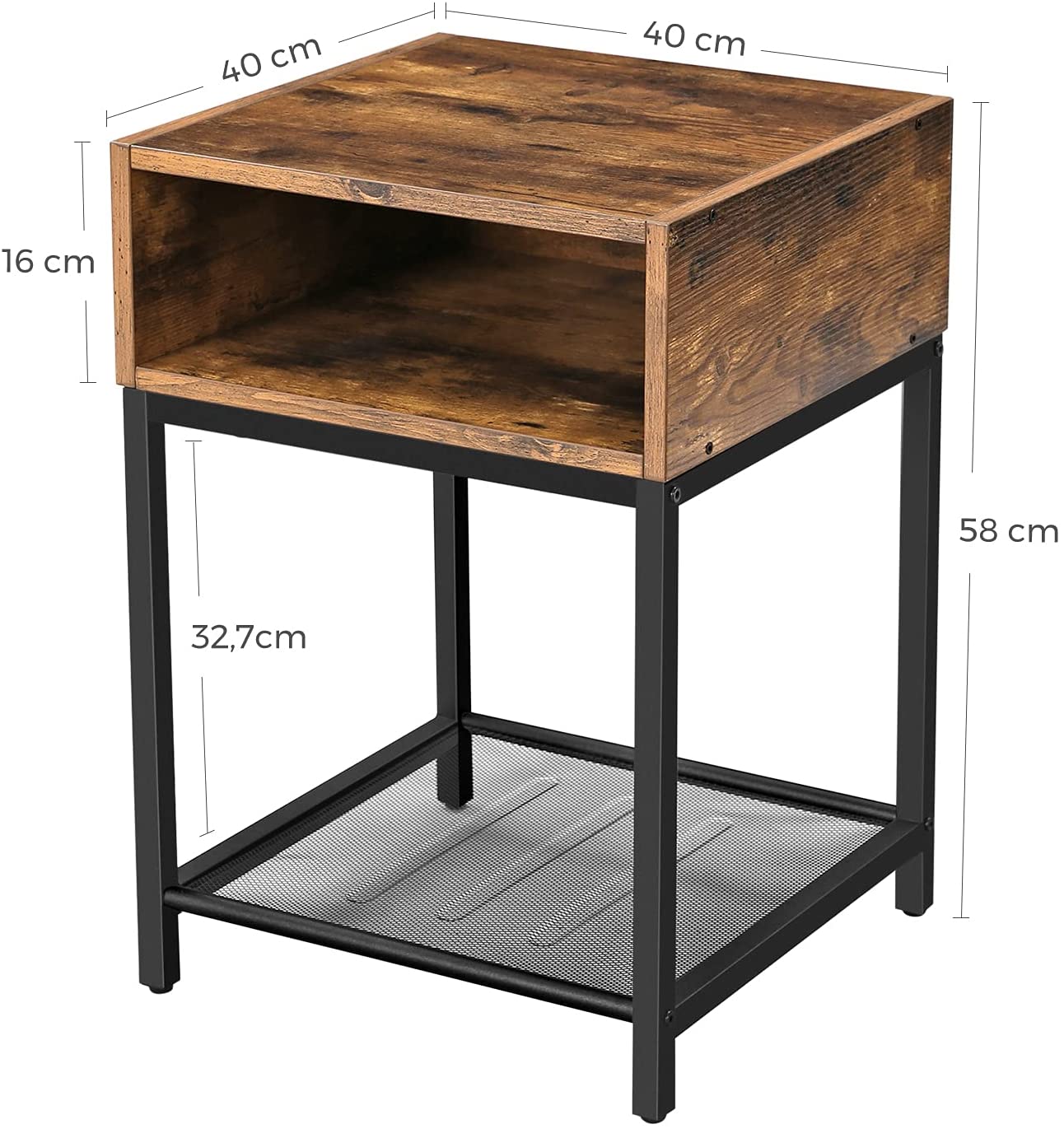 Side Table with Open Compartment and Mesh Shelf Rustic Brown and Black