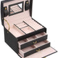 Portable Travel Jewelry box with three-layer PU leather storage box, mirror and lock