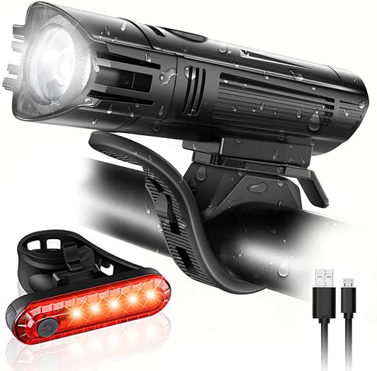 Waterproof Rechargeable LED Bike Lights Set (2000mah Lithium Battery, IPX4, 2 USB Cables)