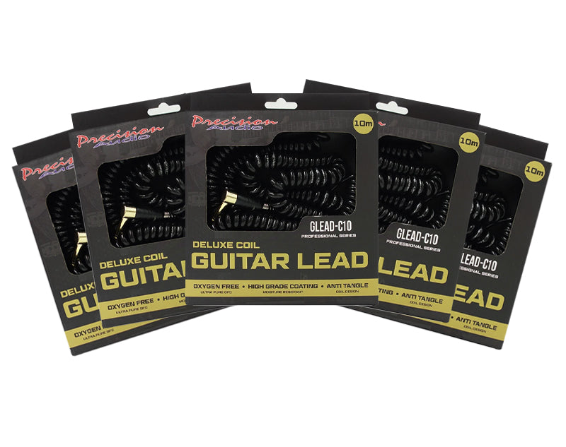 Precision Audio 5 Pack 1/4" To 1/4" 6.35mm Deluxe Coil Studio Guitar Lead Straight to Straight GLEADC10 10m