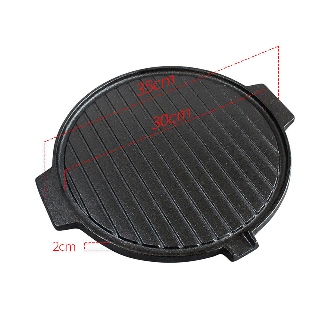 SOGA 2X 30CM Round Cast Iron Korean BBQ Grill Plate with Handles and Drip Lip