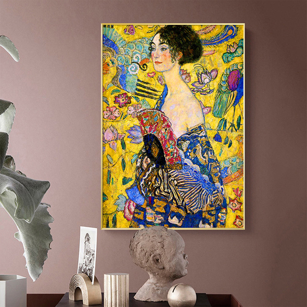 60cmx90cm Lady With A fan By Klimt Gold Frame Canvas Wall Art