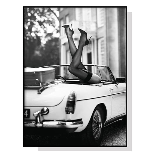 80cmx120cm High Heels in Classic Car Black Frame Canvas Wall Art