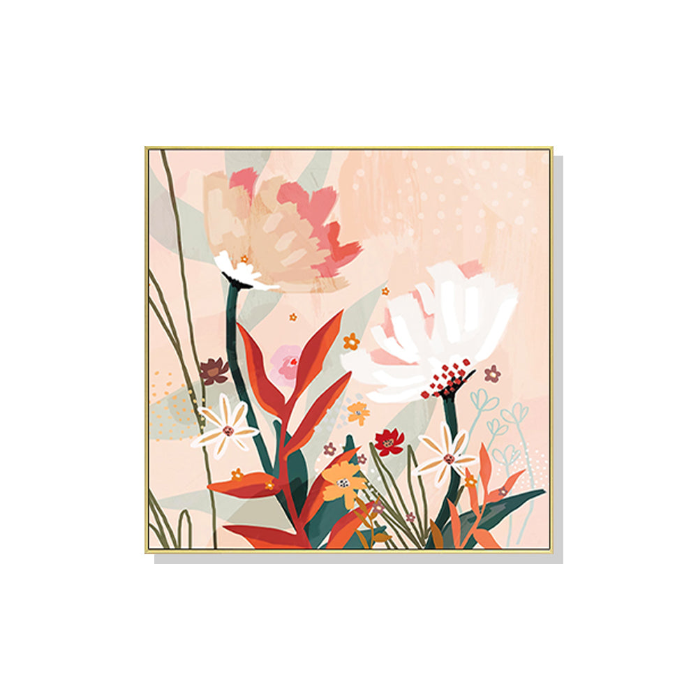 80cmx80cm Native Floral Gold Frame Canvas Wall Art