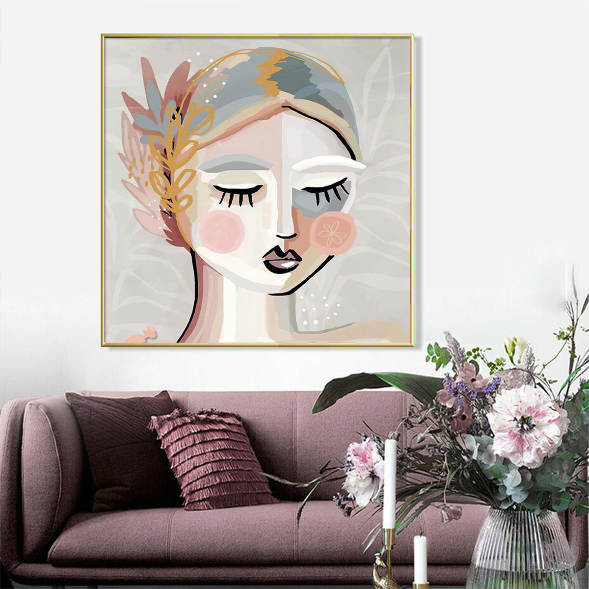 80cmx80cm Calm Girl Gold Frame Canvas Wall Art