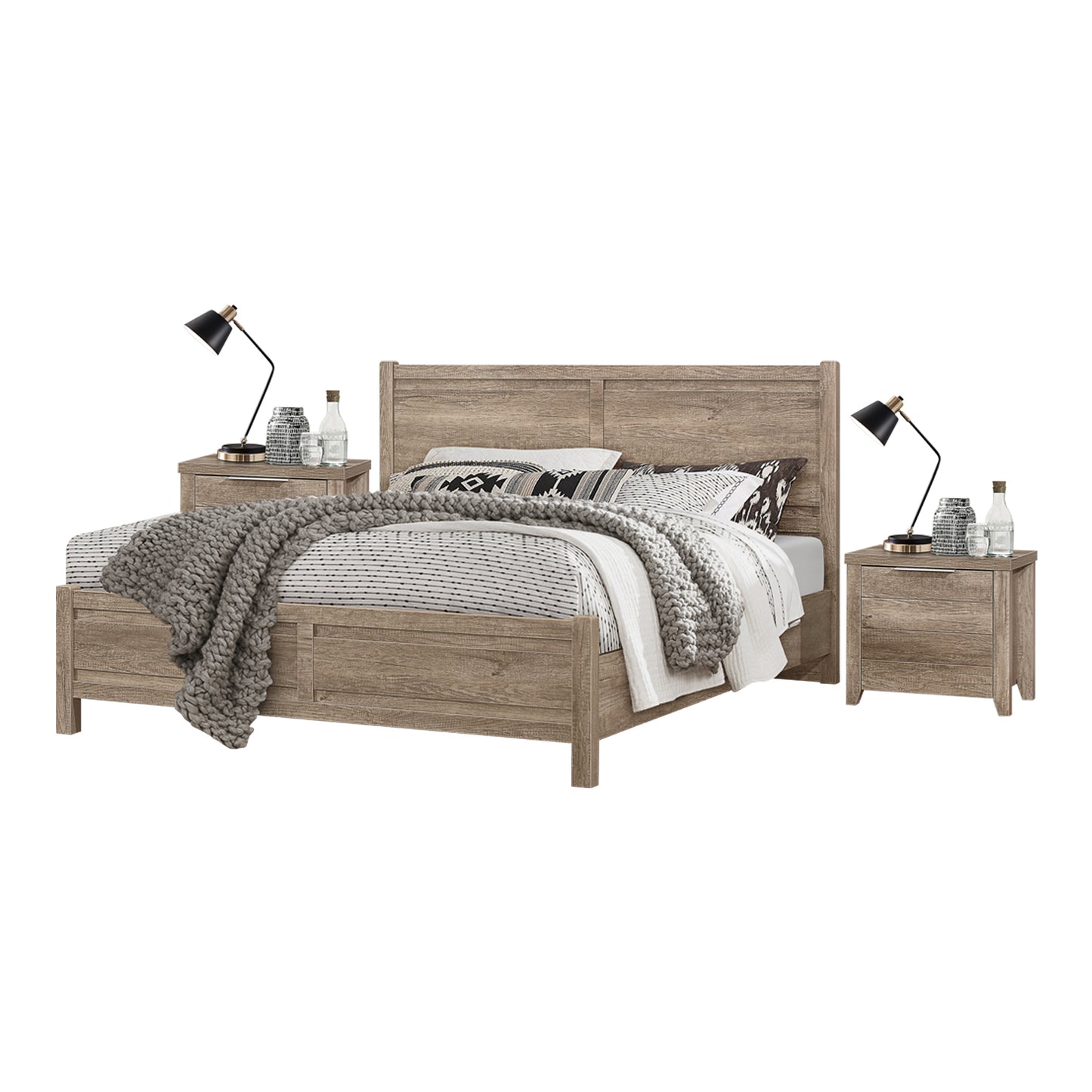 3 Pieces Bedroom Suite Natural Wood Like MDF Structure Queen Size Oak Colour Bed, Bedside Table