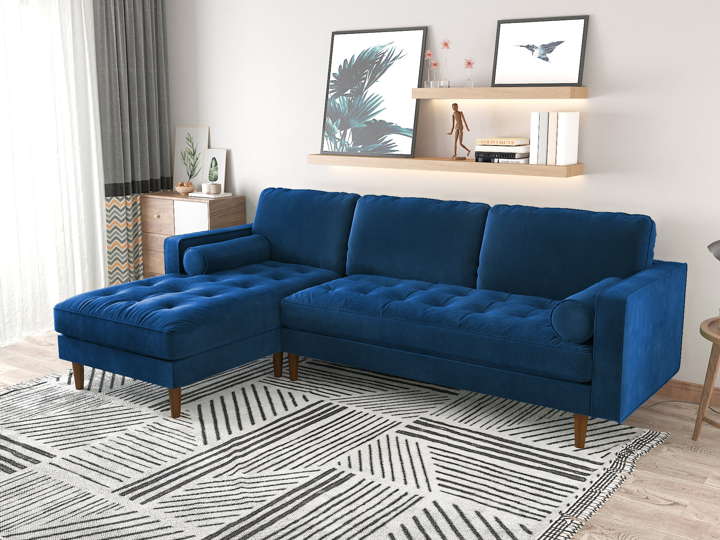 Velvet Upholstery 2 Seater Tufted Sofa Blue Color Lounge Set for Living Room Couch with Chaise