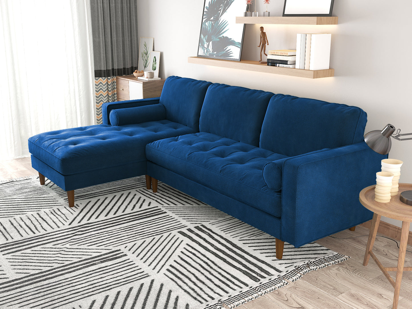 Velvet Upholstery 2 Seater Tufted Sofa Blue Color Lounge Set for Living Room Couch with Chaise