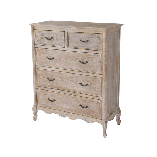 Tallboy Oak Wood Plywood Veneer White Washed Finish Storage Drawers