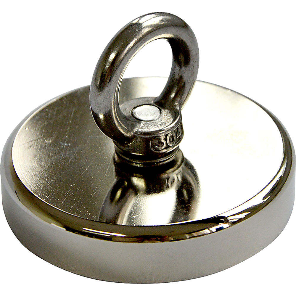 Round Neodymium Fishing Magnet with Countersunk Hole and Eyebolt, 500 LBS pull