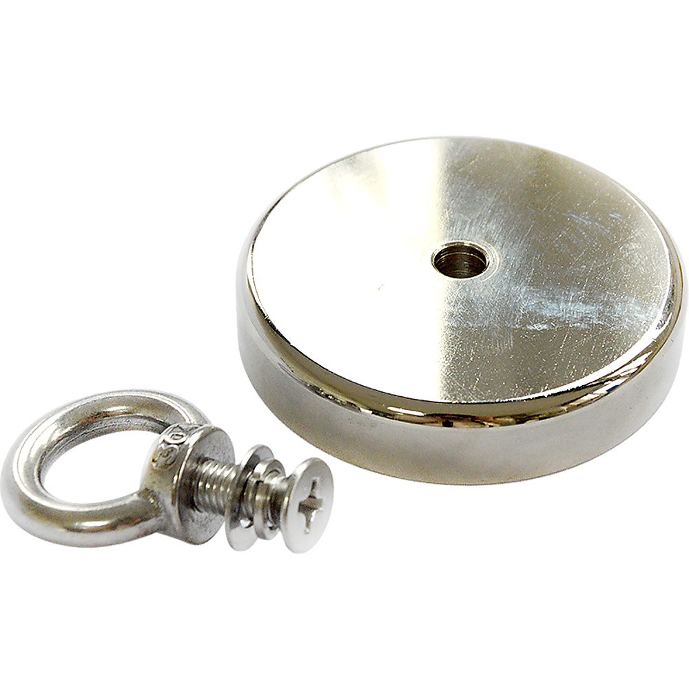 Round Neodymium Fishing Magnet with Countersunk Hole and Eyebolt, 500 LBS pull