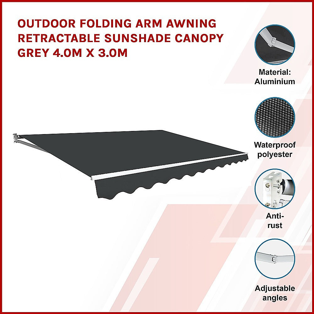 Outdoor Folding Arm Awning Retractable Sunshade Canopy Grey 4.0m x 3.0m