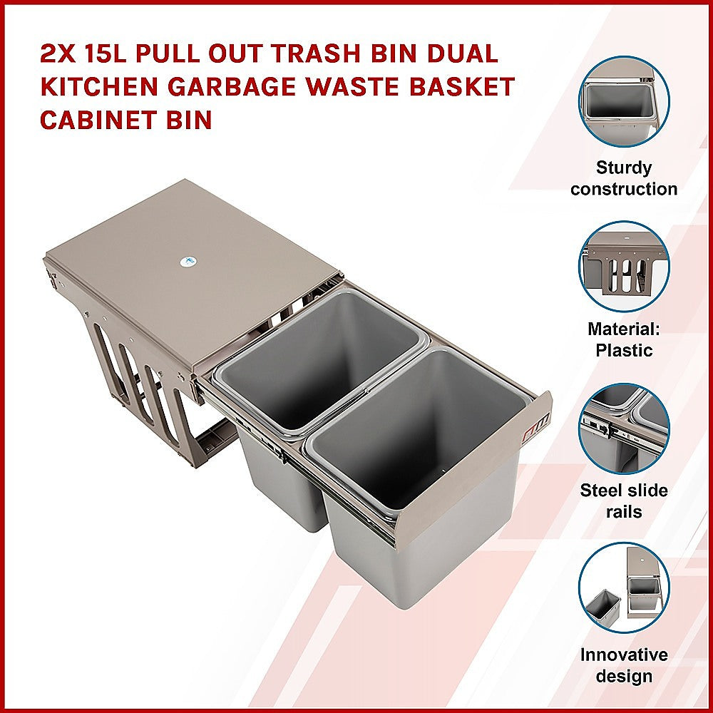 2x 15L Pull Out Trash Bin Dual Kitchen Garbage Waste Basket Cabinet Bin